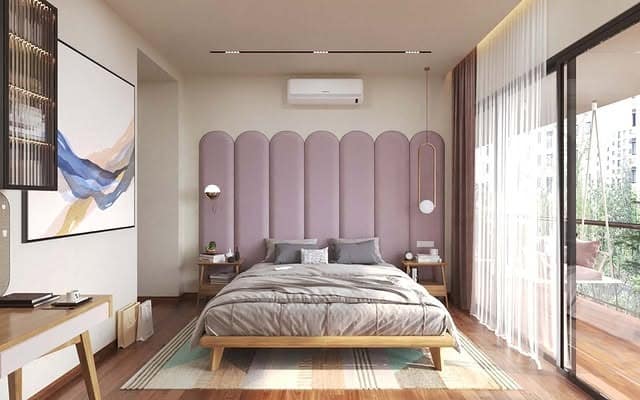 3. Modern Lavender Bedroom with Scalloped Statement Headboard - lavender bedroom ideas