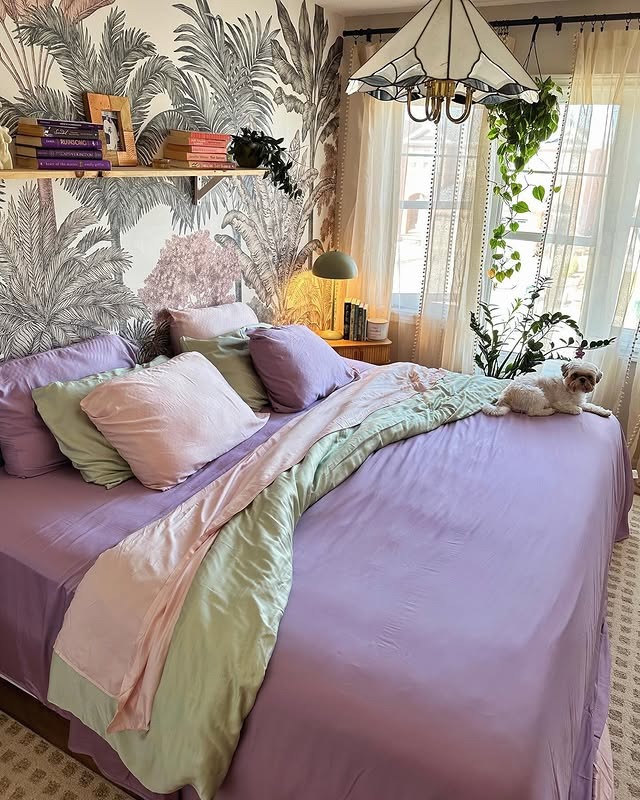6. Lavender Botanical Bedroom with Nature-Inspired Wallpaper - lavender bedroom ideas