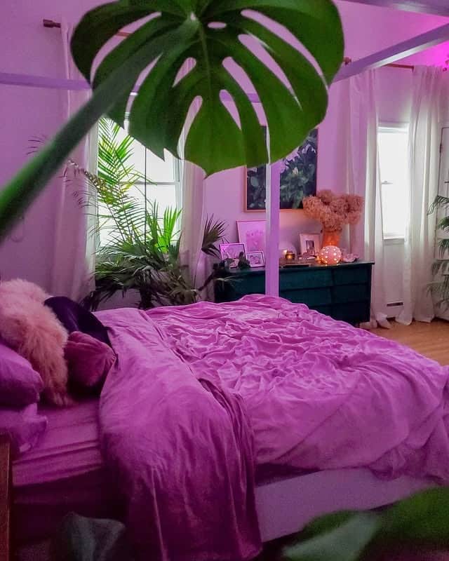 7. Lavender Glow Bedroom with Ambient Lighting and Greenery - lavender bedroom ideas