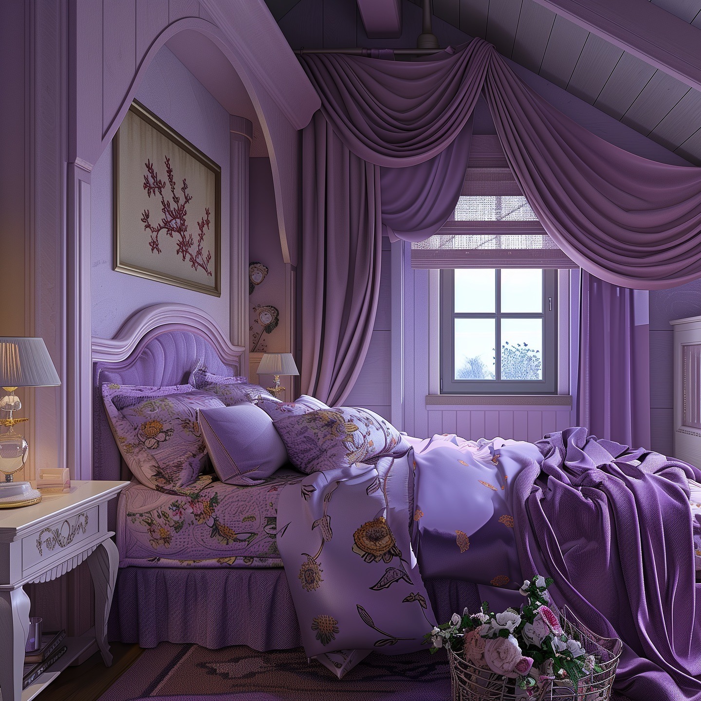 8. Elegant Lavender Bedroom with Draped Canopy Details - lavender bedroom ideas