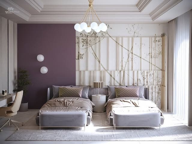 11. Lavender and Ivory Twin Bedroom with Botanical Feature Wall - lavender bedroom ideas