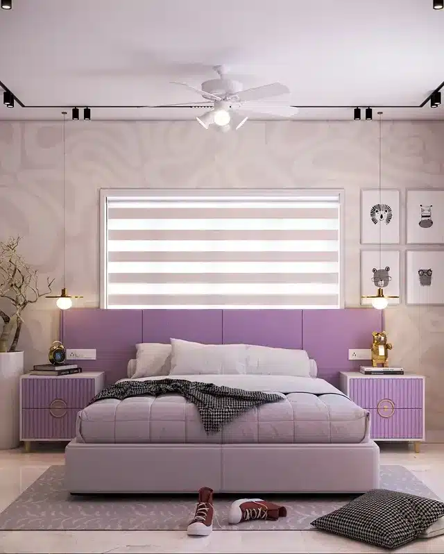 13. Soft Lavender Bedroom with Contemporary Accent Wall - lavender bedroom ideas