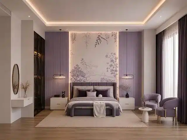 14. Luxury Lavender Bedroom with Floral Mural Feature - lavender bedroom ideas