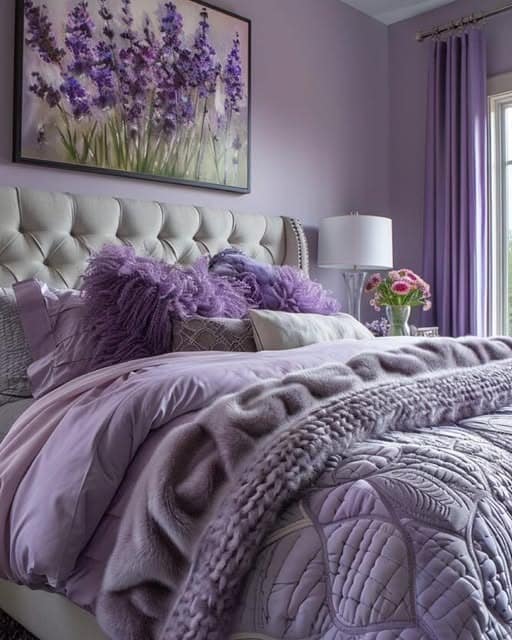 16. Lavender Floral Bedroom with Layered Textures - lavender bedroom ideas