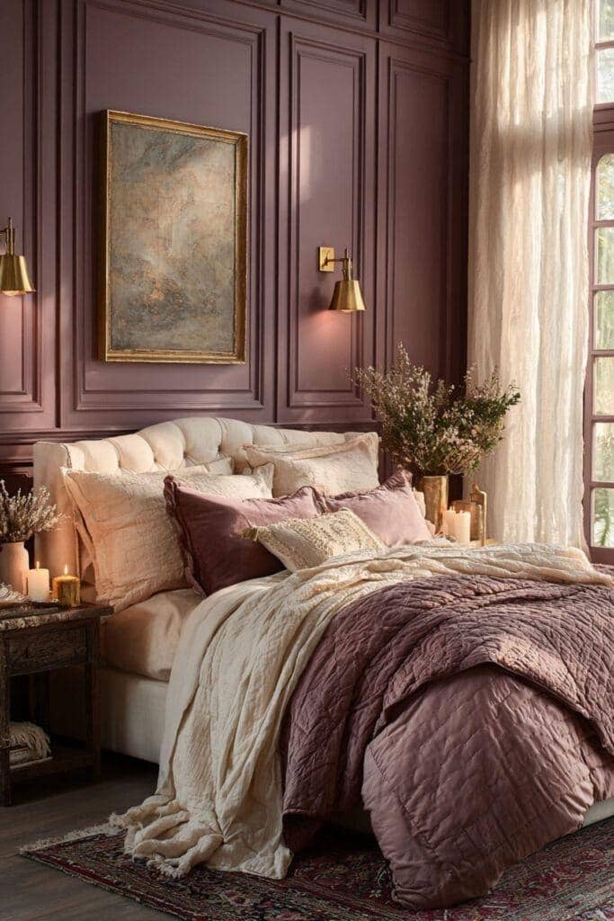 19. Deep Lavender Bedroom with Traditional Wall Paneling - lavender bedroom ideas
