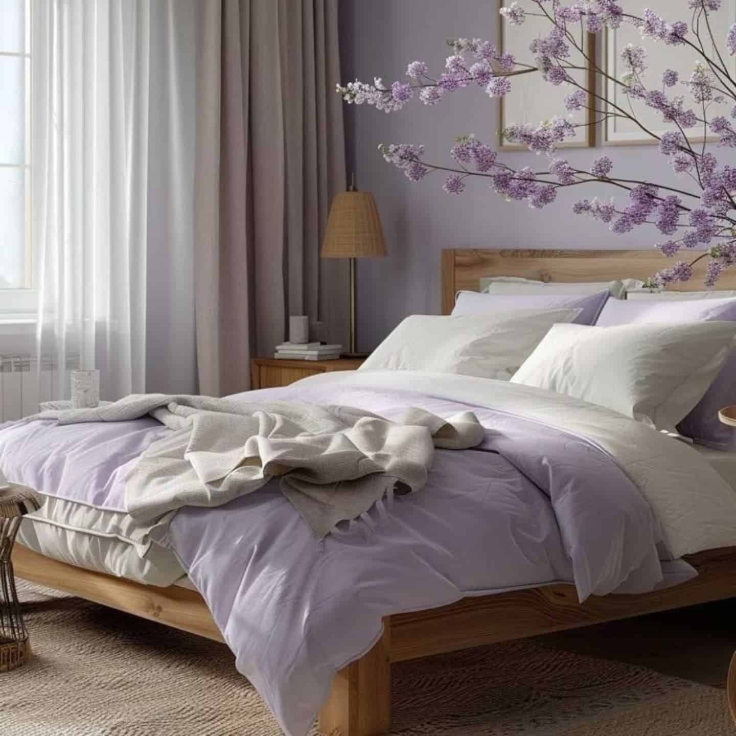 20. Minimalist Lavender Bedroom with Natural Wood Accents - lavender bedroom ideas