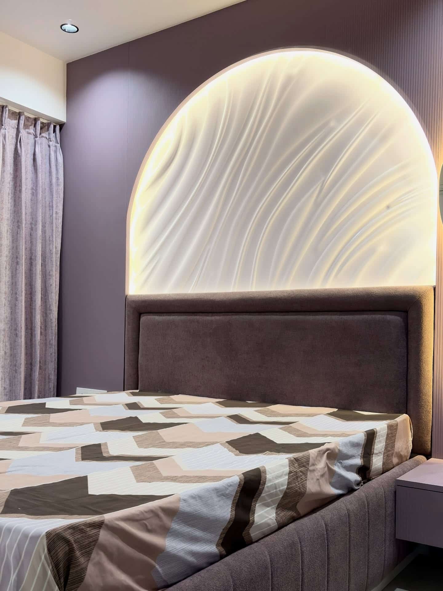 21. Modern Lavender Bedroom with Backlit Arch Wall Feature - lavender bedroom ideas