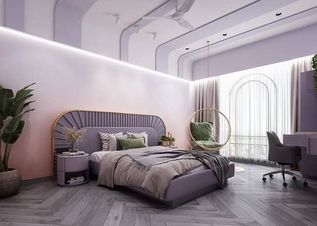 22. Contemporary Lavender Bedroom with Hanging Chair Lounge Corner - lavender bedroom ideas