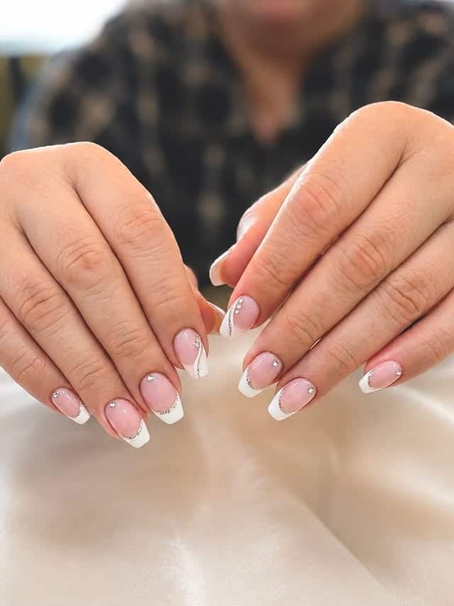 5. White French Rhinestone Square Nails - elegant nail ideas