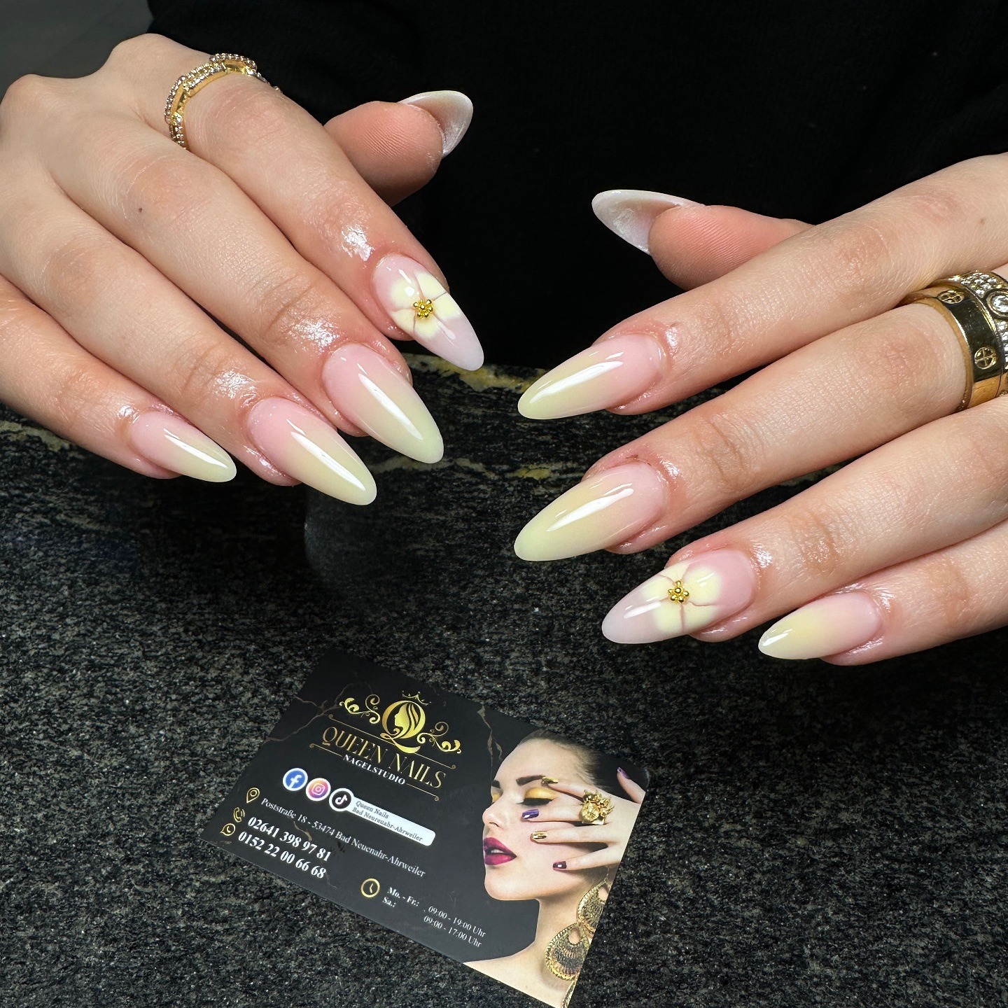 8. Soft Buttercream Floral Ombre Almond Nails - elegant nail ideas