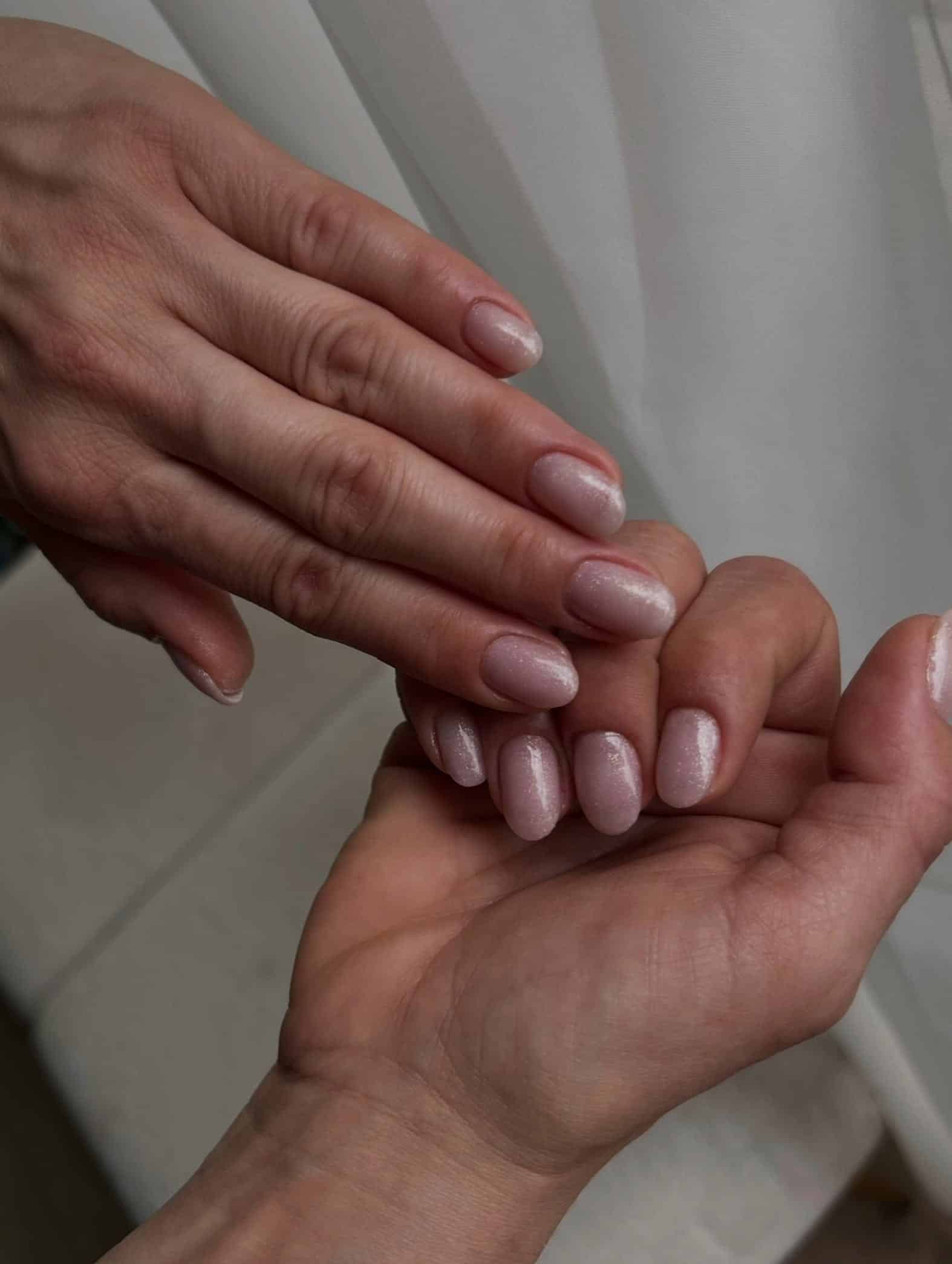11. Pearlescent Blush Shimmer Oval Nails - elegant nail ideas