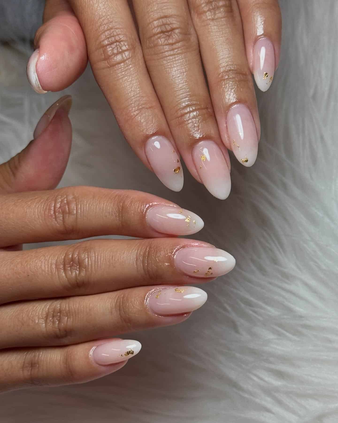 12. Milky White Ombre Almond Nails with Gold Foil - elegant nail ideas