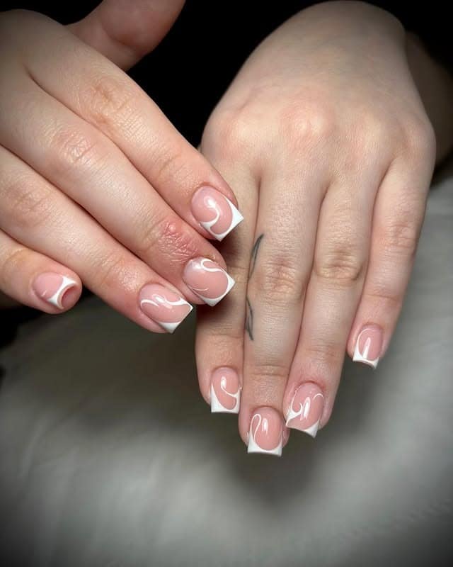 13. White Swirl French Square Nails - elegant nail ideas