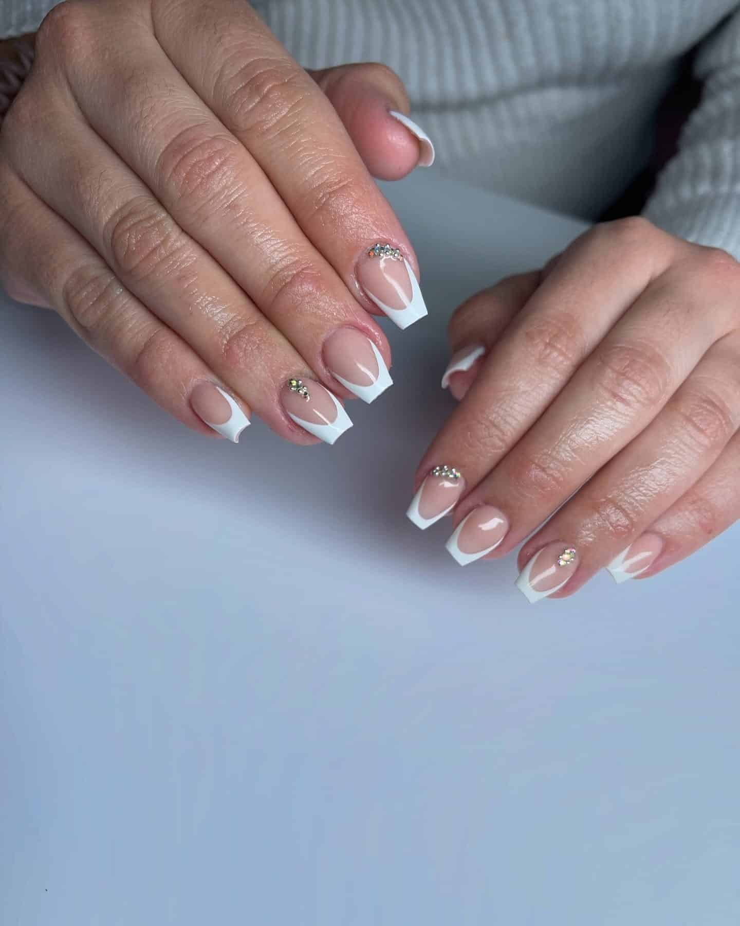14. Crystal Accent White French Square Nails - elegant nail ideas