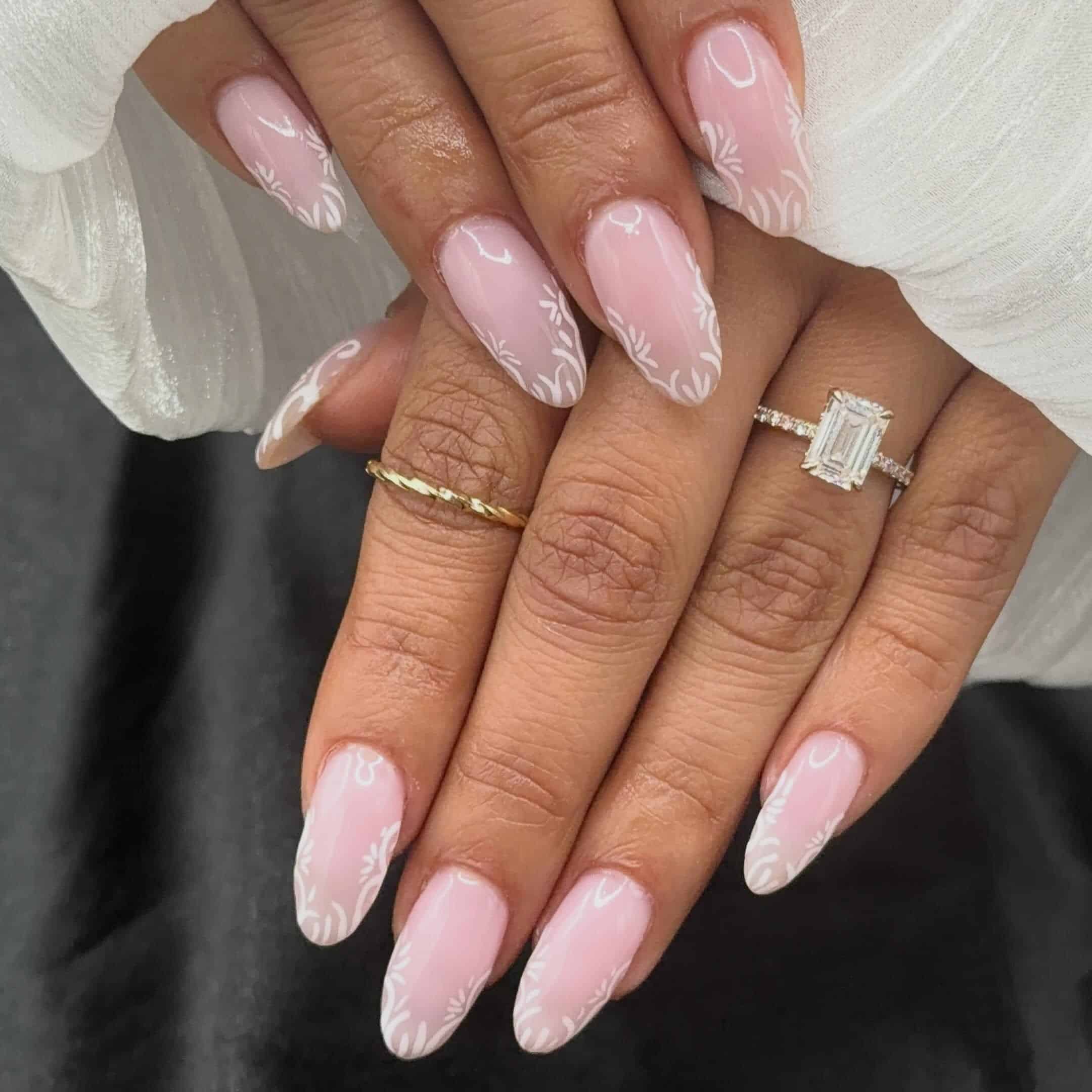 19. Soft Pink Lace Almond Nails - elegant nail ideas