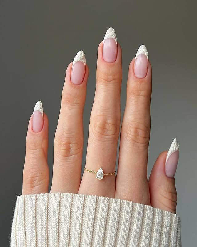 21. White Lace French Almond Nails - elegant nail ideas
