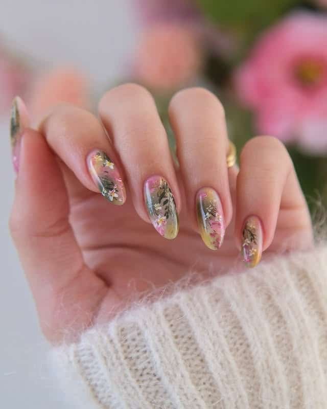 8. Encapsulated Floral Nails with Pink and Green Botanical Details - floral nail ideas