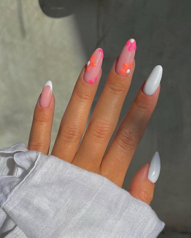 9. Neon Floral Accent Nails with Soft Pink Base - floral nail ideas
