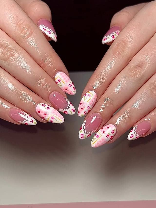 12. Botanical Garden Nails with Soft Pink and Bright Floral Accents - floral nail ideas