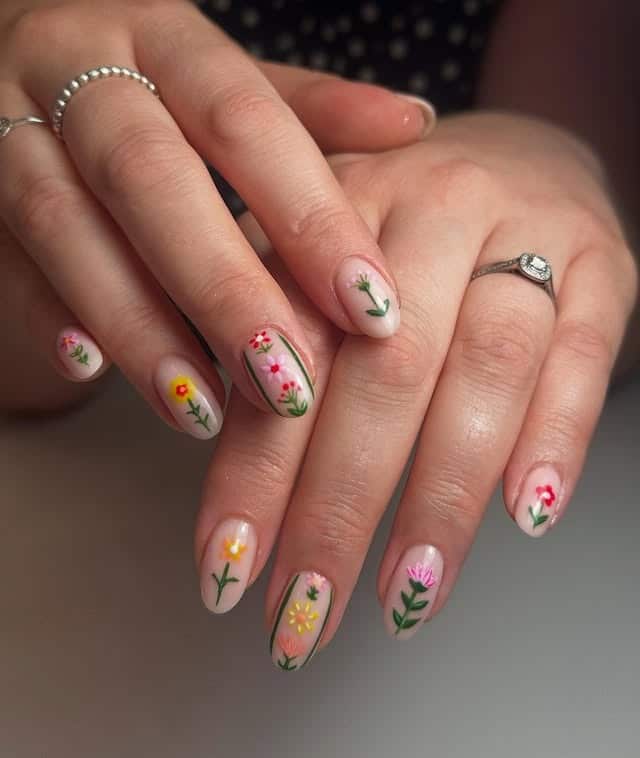 16. Blue Daisy French Tip Nails with Glossy Nude Base - floral nail ideas
