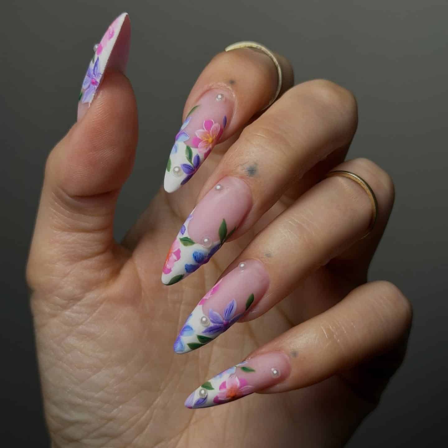 21. Pastel Floral French Tip Nails in Pink, Lavender, and White - floral nail ideas