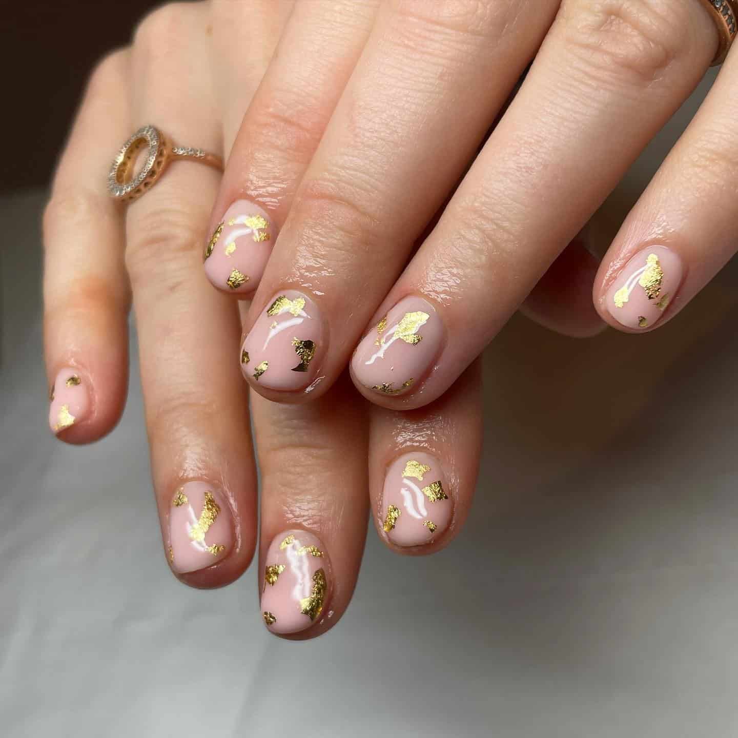 2. Blush Pink Nails with Gold Foil Accents - gold nail ideas