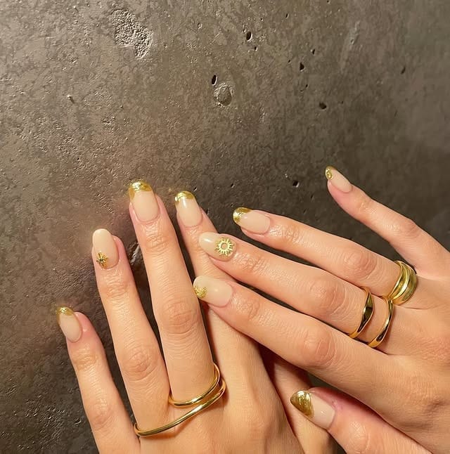 4. Nude Almond Nails with Gold French Tips - gold nail ideas