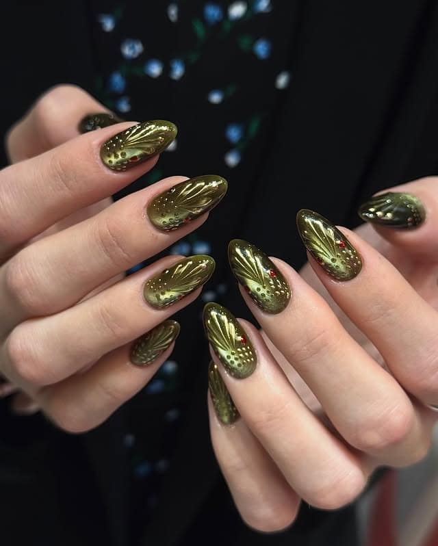 13. Olive Gold Metallic Cat-Eye Almond Nails - gold nail ideas