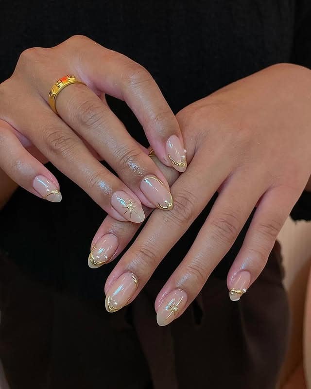 14. Minimalist Nude Almond Nails with Gold French Tips - gold nail ideas