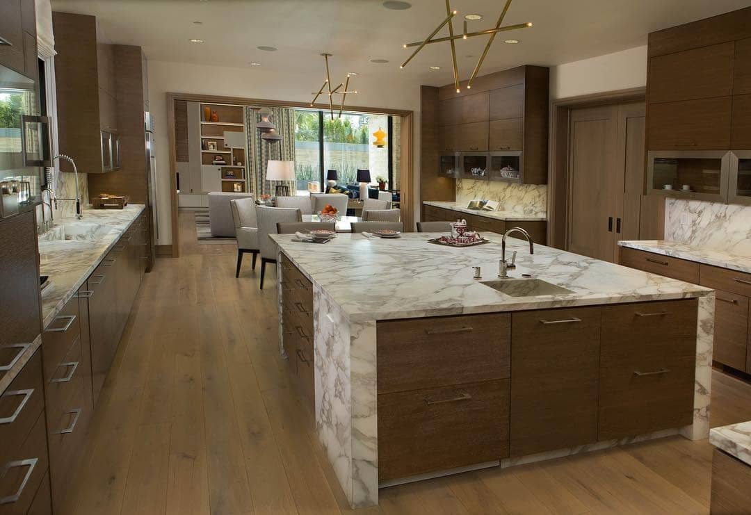 5. Walnut and Marble Luxury Open Concept Kitchen - open concept kitchen ideas