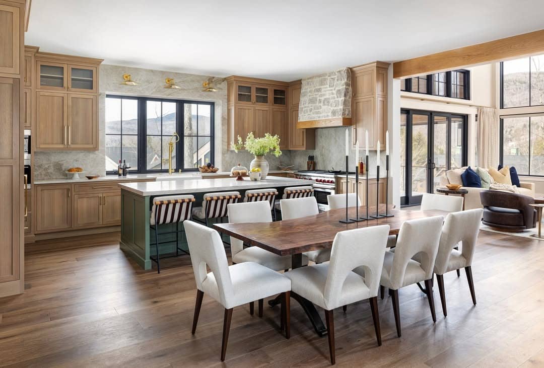 9. Mountain-Inspired Taupe and Wood Open Kitchen - open concept kitchen ideas