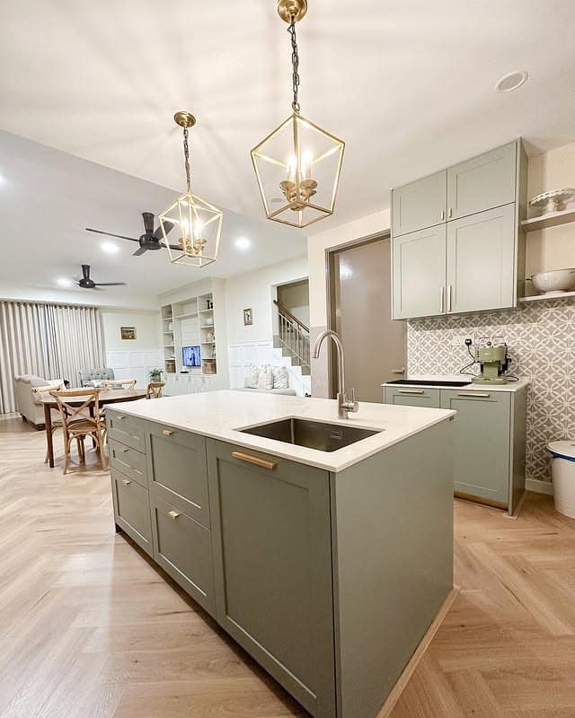 11. Sage Green and Brass Open Concept Kitchen Idea - open concept kitchen ideas