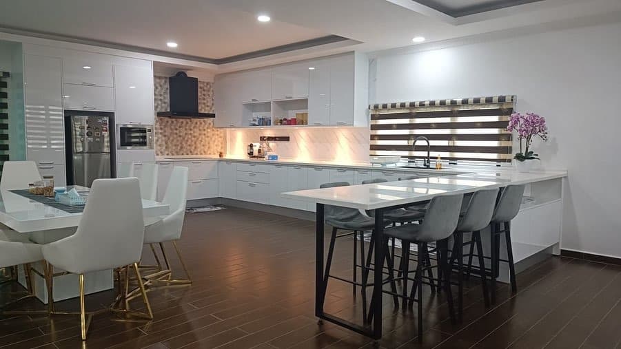 13. Glossy White and Espresso Modern Kitchen Design - open concept kitchen ideas