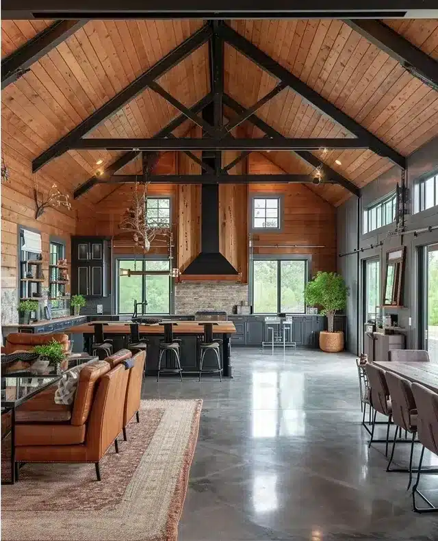 15. Rustic Timber and Black Lodge-Style Kitchen - open concept kitchen ideas