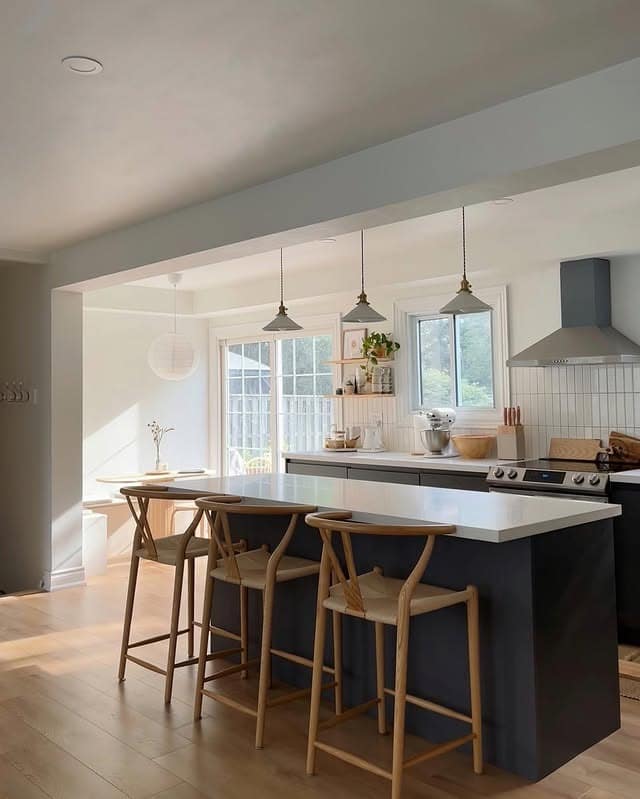 16. Navy Blue and Natural Wood Scandinavian Kitchen - open concept kitchen ideas