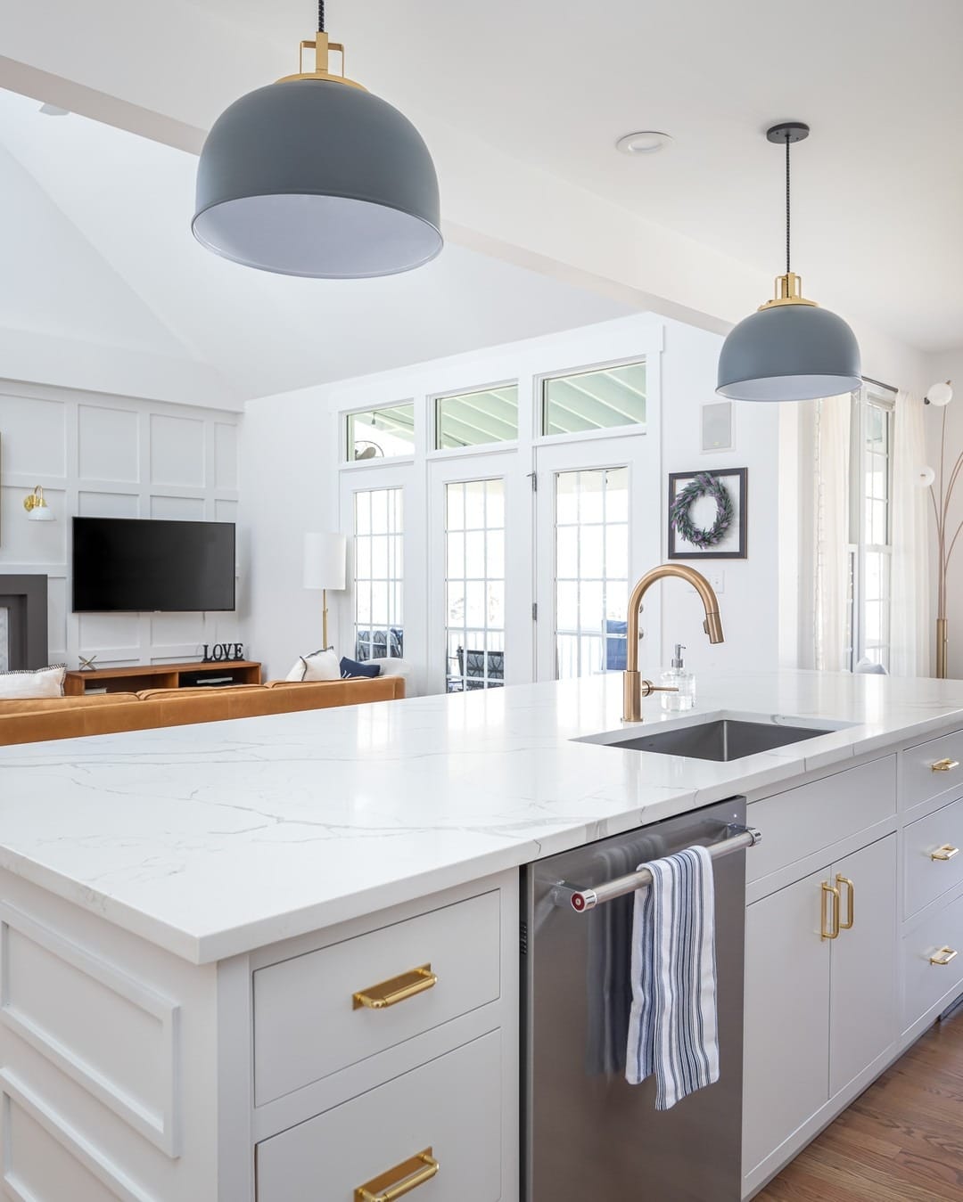 17. White, Gold, and Gray Open Living Kitchen - open concept kitchen ideas