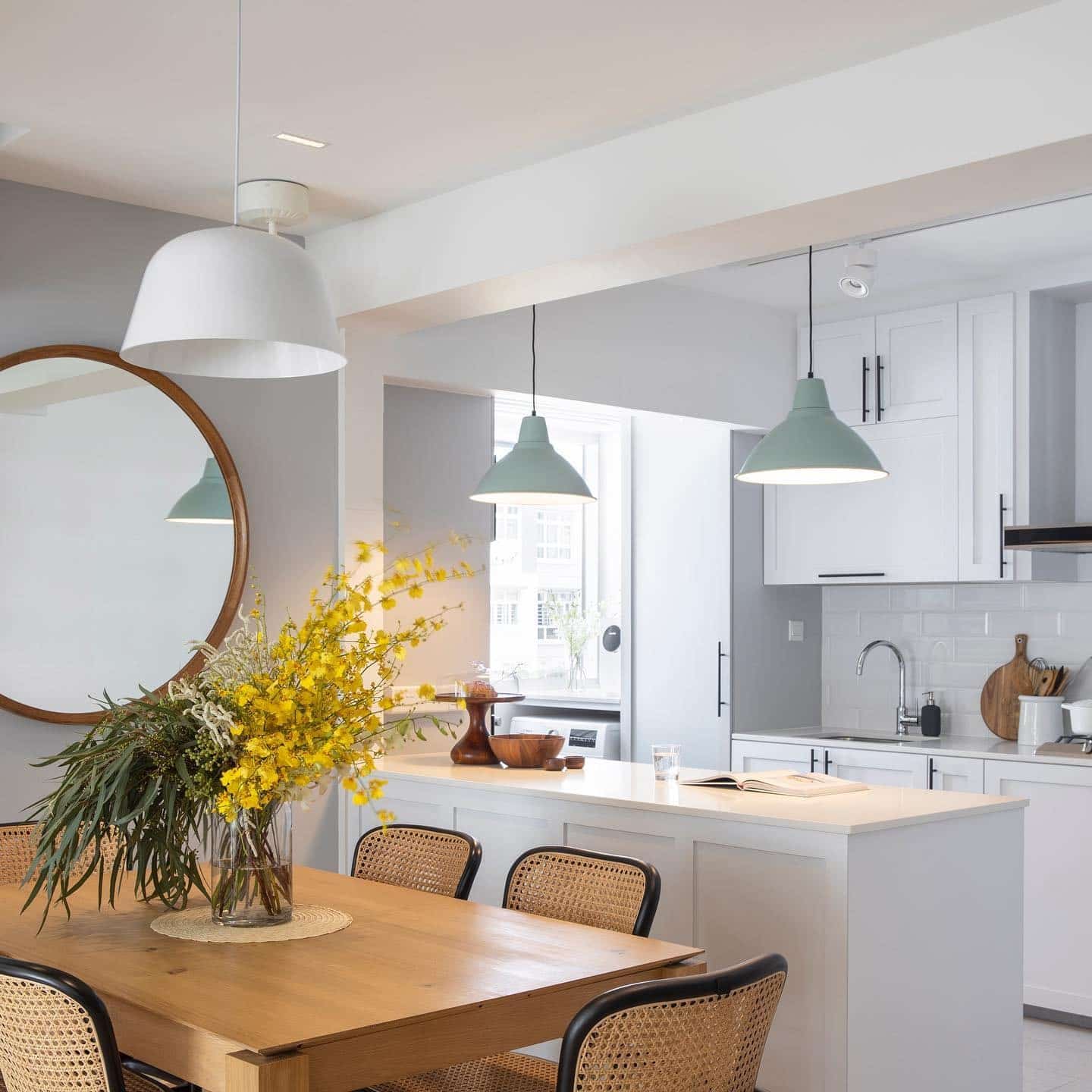 18. Soft Gray and White Contemporary Dining Kitchen - open concept kitchen ideas