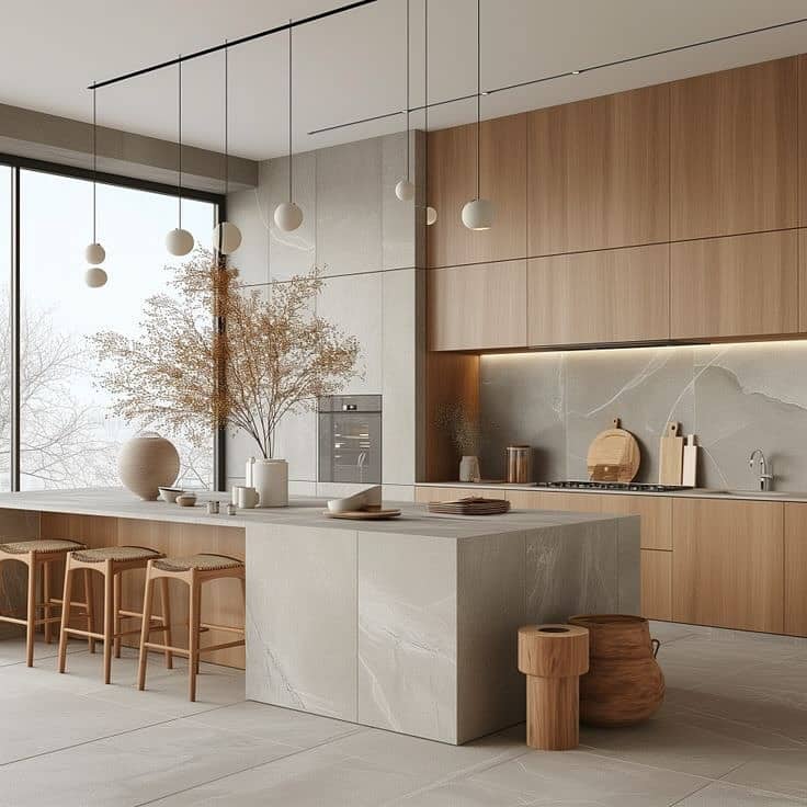 19. Warm Wood and Stone Minimalist Kitchen - open concept kitchen ideas