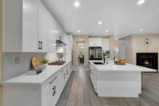 22. White and Gray Modern Galley Open Kitchen - open concept kitchen ideas