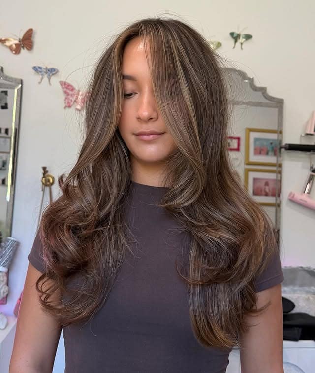 5. Long Butterfly Cut with Mushroom Brown Balayage - Long Wispy Haircuts