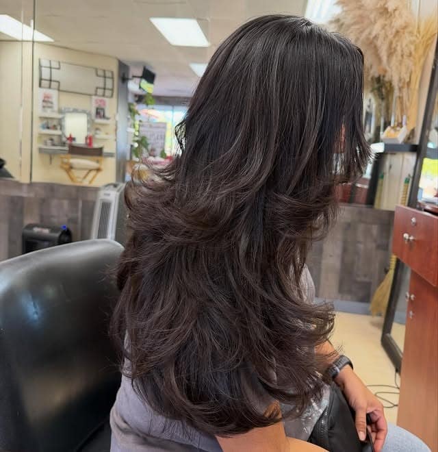 9. Voluminous Feathered Layers with Dark Chocolate Brown Hair - Long Wispy Haircuts