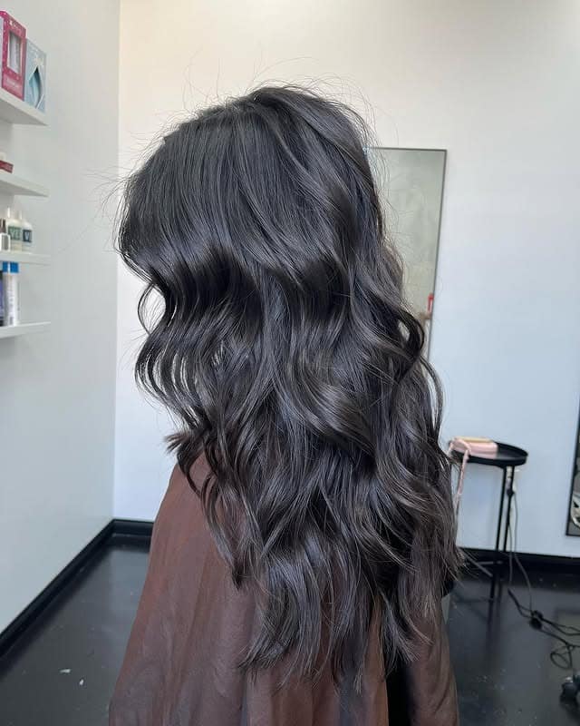 12. Long Wavy Wispy Layers with Smoky Charcoal Black Hair - Long Wispy Haircuts