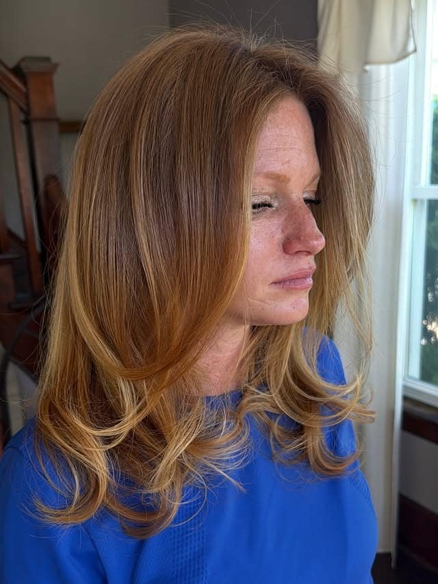 16. Feathered Long Layers with Copper Golden Blonde Balayage - Long Wispy Haircuts