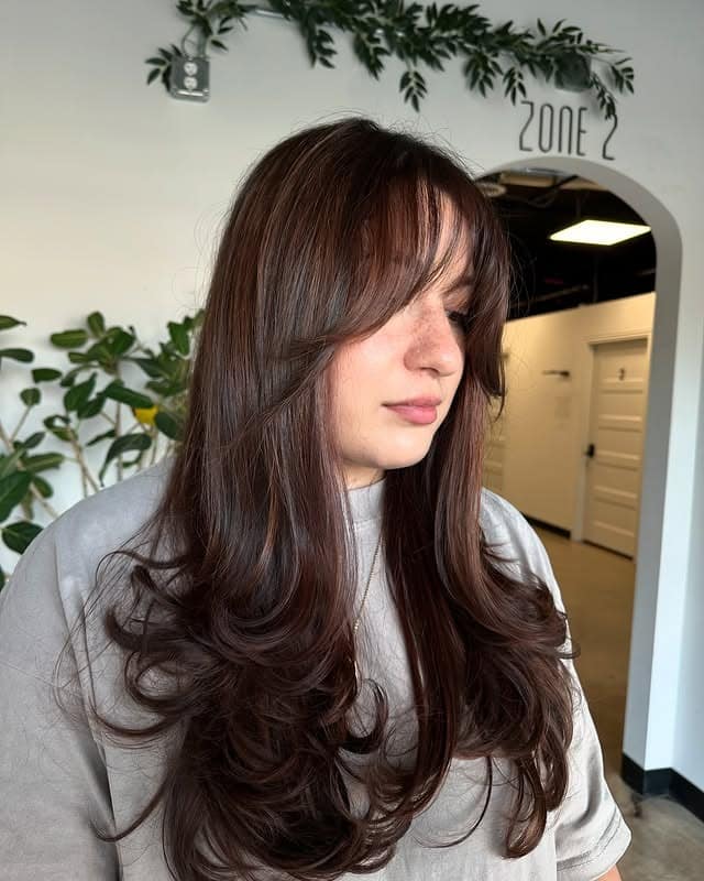 20. Long Feathered Layers with Deep Auburn Brown Hair Color - Long Wispy Haircuts