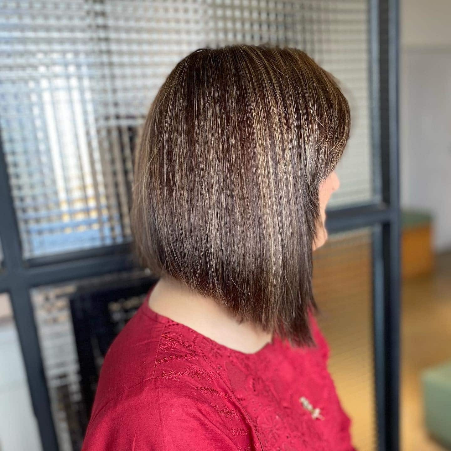 8. Dimensional Brunette Angled Bob Lob - Angled Lob Haircut