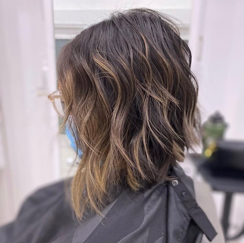 11. Textured Mocha Brown Angled Lob with Caramel Ribbons - Angled Lob Haircut