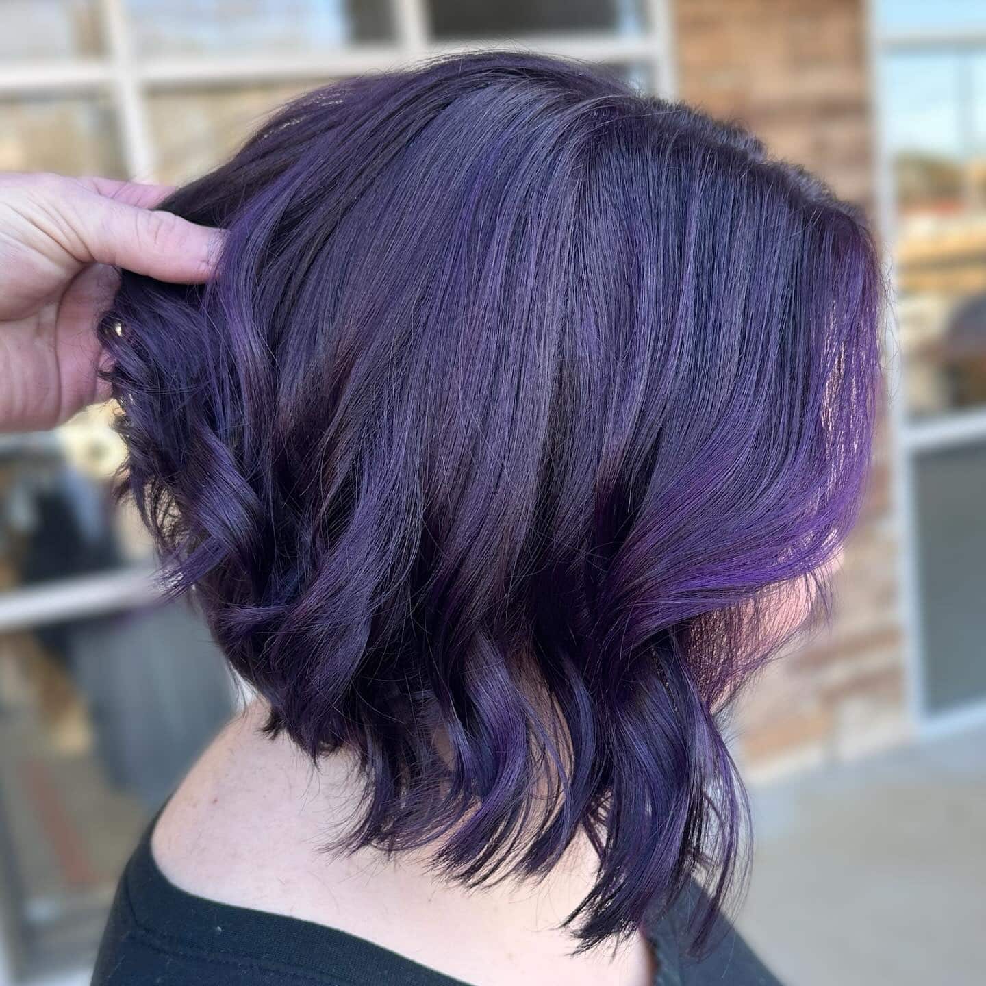 14. Deep Violet Angled Lob with Loose Waves - Angled Lob Haircut