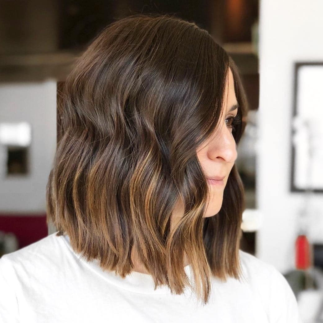 22. Wavy Espresso Brown Angled Lob with Caramel Balayage - Angled Lob Haircut