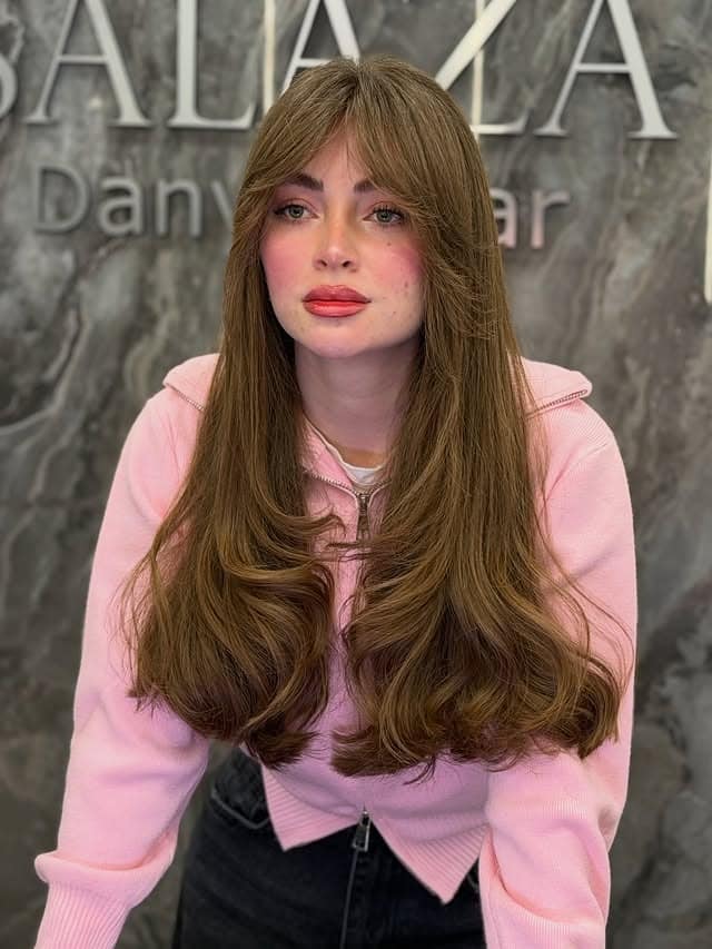 3. Long Layered Espresso Hair with Wispy Curtain Bangs - Layered Hair With Wispy Bangs