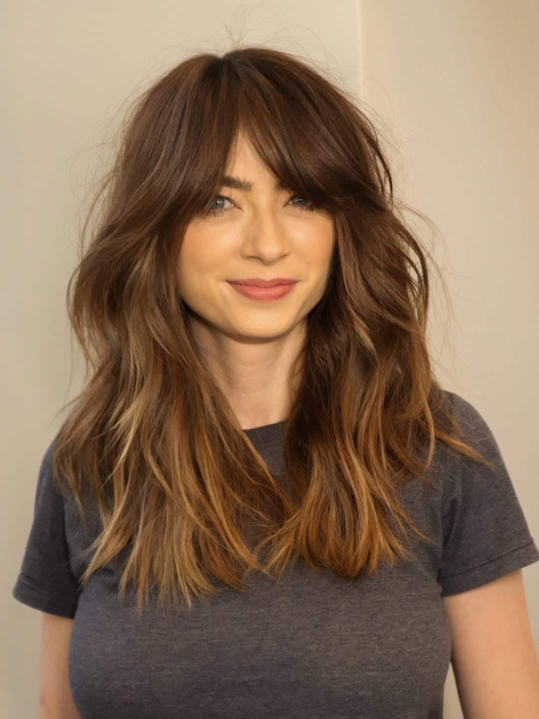 7. Textured Long Layers with Chestnut Brown Wispy Fringe - Layered Hair With Wispy Bangs